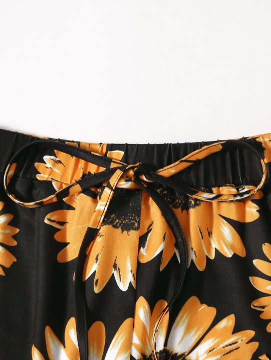 WYWH Shorts con cordon delantero con estampado de girasol
