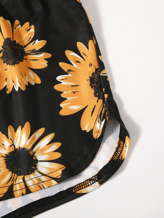 WYWH Shorts con cordon delantero con estampado de girasol