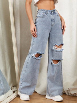 EZwear Jeans con cremallera con diseno de desgarro de pierna ancha