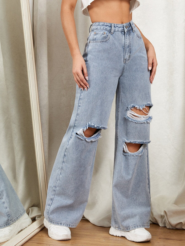 EZwear Jeans con cremallera con diseno de desgarro de pierna ancha
