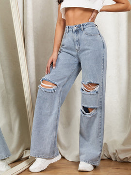 EZwear Jeans con cremallera con diseno de desgarro de pierna ancha