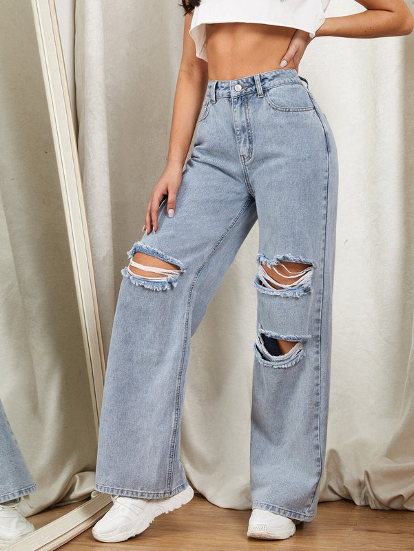 EZwear Jeans con cremallera con diseno de desgarro de pierna ancha
