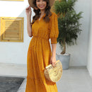 Vestido con estampado de lunares de manga farol bajo con fruncido