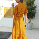 Vestido con estampado de lunares de manga farol bajo con fruncido