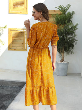 Vestido con estampado de lunares de manga farol bajo con fruncido