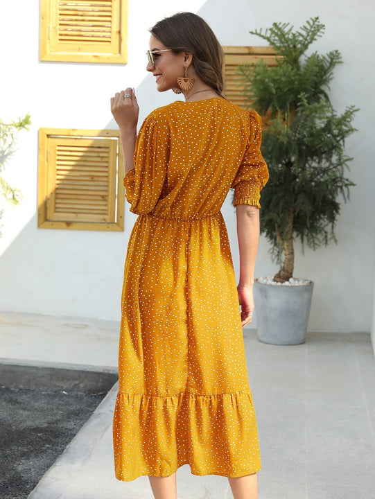 Vestido con estampado de lunares de manga farol bajo con fruncido