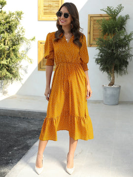 Vestido con estampado de lunares de manga farol bajo con fruncido