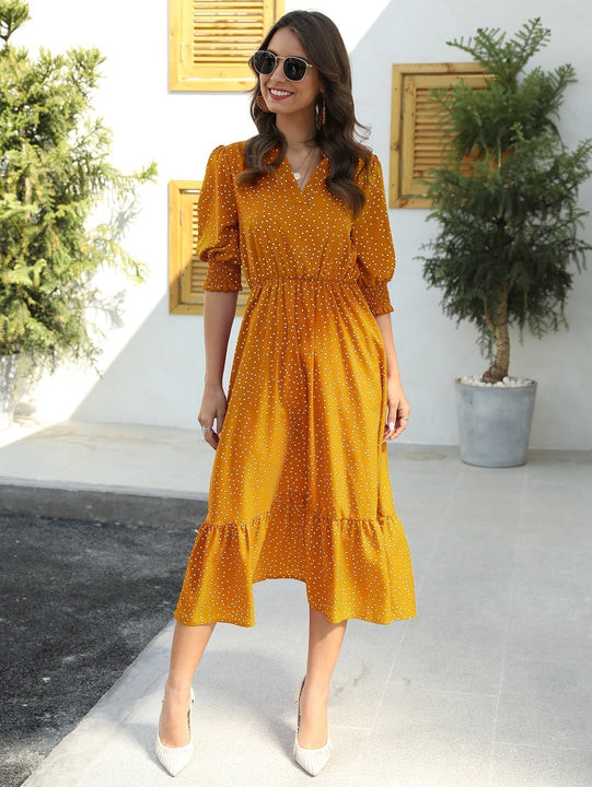 Vestido con estampado de lunares de manga farol bajo con fruncido