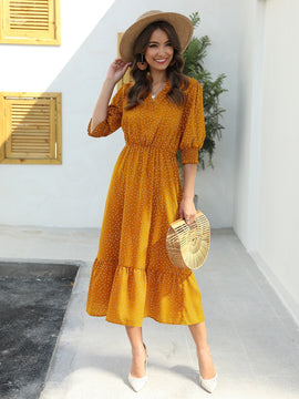 Vestido con estampado de lunares de manga farol bajo con fruncido
