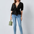 Top peplum de cintura con cordon de cuello profundo