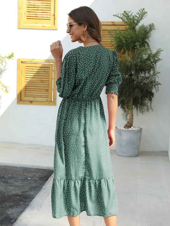 Vestido con estampado de lunares de manga farol bajo con fruncido