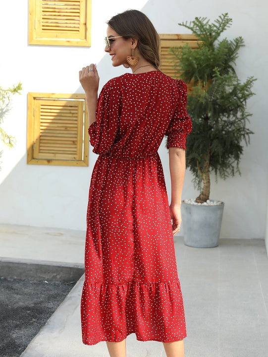 Vestido con estampado de lunares de manga farol bajo con fruncido