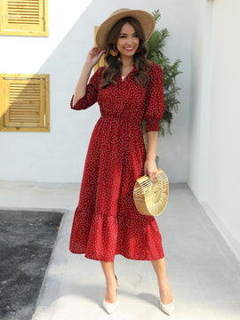Vestido con estampado de lunares de manga farol bajo con fruncido