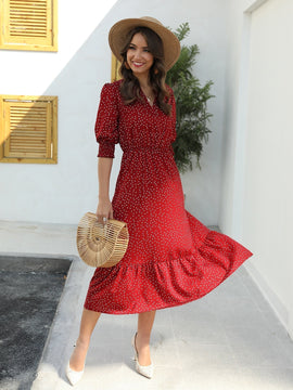Vestido con estampado de lunares de manga farol bajo con fruncido