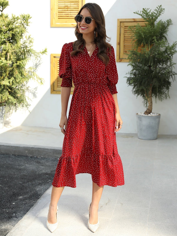 Vestido con estampado de lunares de manga farol bajo con fruncido