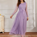 Modely Vestido maxi con cinturon de manga farol con malla