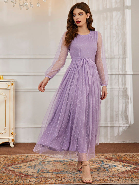 Modely Vestido maxi con cinturon de manga farol con malla