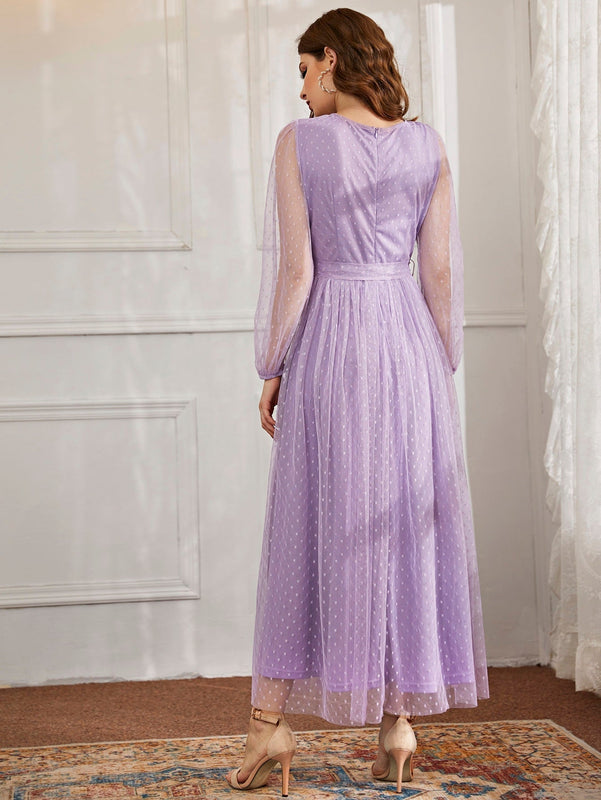 Modely Vestido maxi con cinturon de manga farol con malla