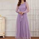 Modely Vestido maxi con cinturon de manga farol con malla