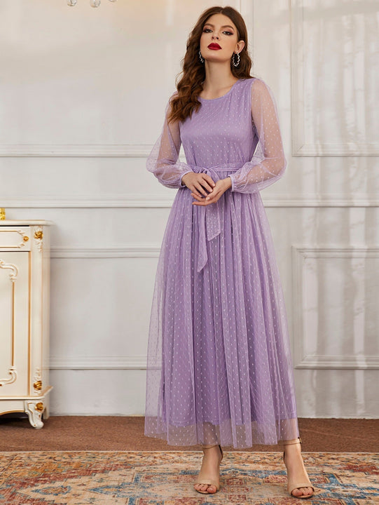 Modely Vestido maxi con cinturon de manga farol con malla