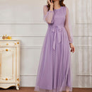 Modely Vestido maxi con cinturon de manga farol con malla