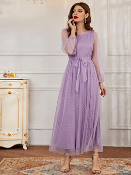 Modely Vestido maxi con cinturon de manga farol con malla