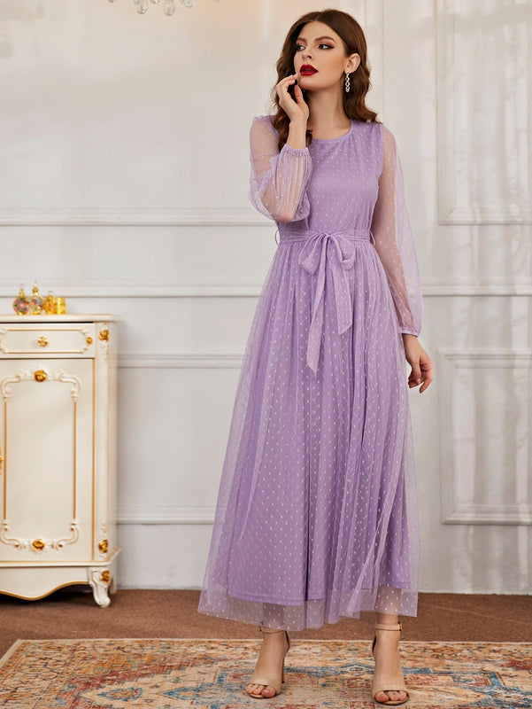 Modely Vestido maxi con cinturon de manga farol con malla