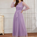Modely Vestido maxi con cinturon de manga farol con malla
