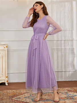 Modely Vestido maxi con cinturon de manga farol con malla