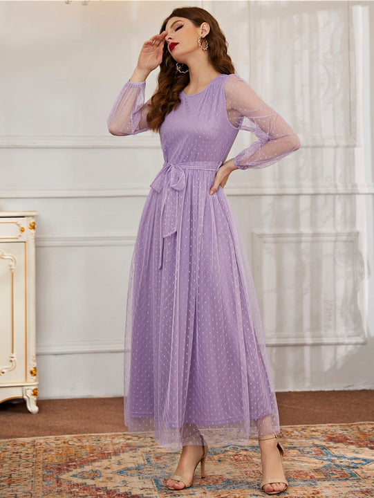 Modely Vestido maxi con cinturon de manga farol con malla