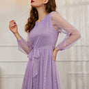 Modely Vestido maxi con cinturon de manga farol con malla