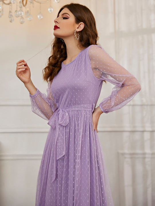 Modely Vestido maxi con cinturon de manga farol con malla