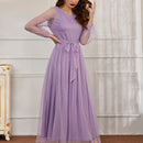 Modely Vestido maxi con cinturon de manga farol con malla