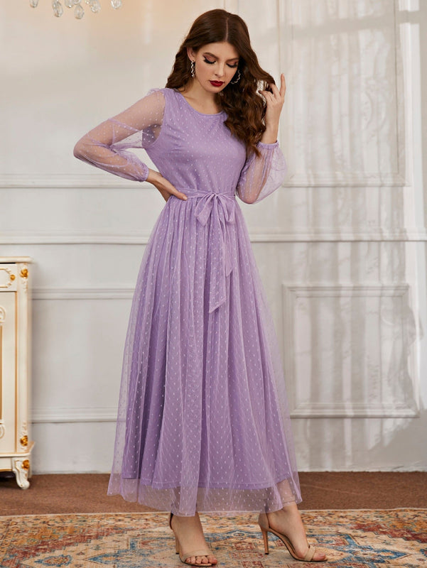 Modely Vestido maxi con cinturon de manga farol con malla