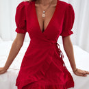 Prive Vestido cruzado con nudo lateral bajo con fruncido de manga farol