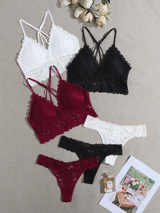 3 piezas Set de lenceria con encaje floral ribete en abanico