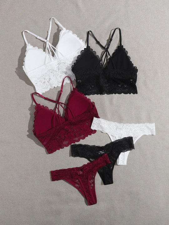 3 piezas Set de lenceria con encaje floral ribete en abanico