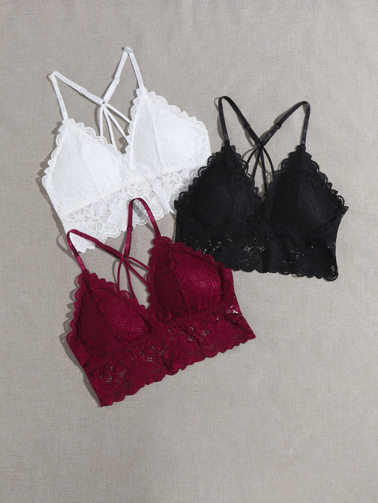 3 piezas Set de lenceria con encaje floral ribete en abanico