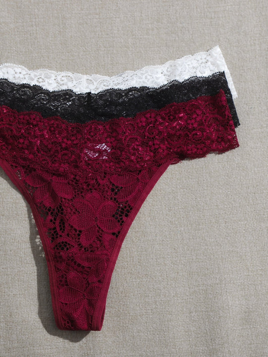 3 piezas Set de lenceria con encaje floral ribete en abanico