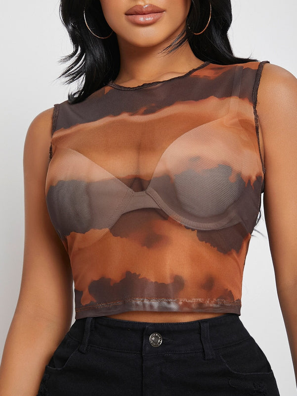 SXY Camiseta De Malla Transparente Sin Sujetador, Tenido Anudado