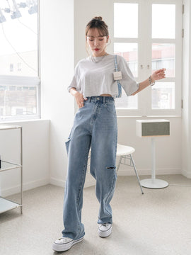 DAZY Jeans De Pierna Ancha De Cintura Alta Y Rasgados
