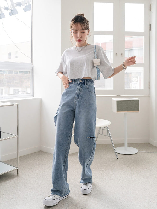 DAZY Jeans De Pierna Ancha De Cintura Alta Y Rasgados