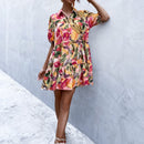 Vestido smock con estampado de manga farol bajo con fruncido