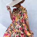 Vestido smock con estampado de manga farol bajo con fruncido