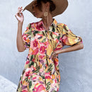 Vestido smock con estampado de manga farol bajo con fruncido