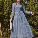Modely Vestido maxi con cinturon de manga farol con malla