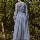 Modely Vestido maxi con cinturon de manga farol con malla