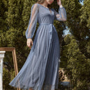 Modely Vestido maxi con cinturon de manga farol con malla