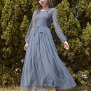 Modely Vestido maxi con cinturon de manga farol con malla