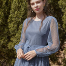 Modely Vestido maxi con cinturon de manga farol con malla